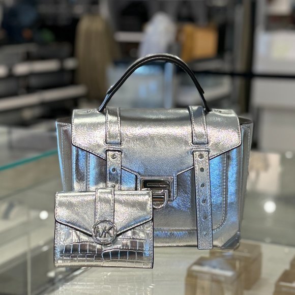 Michael Kors Manhattan Medium Shoulder Crossbody Bag + Bifold Wallet Set Silver - Picture 1 of 15